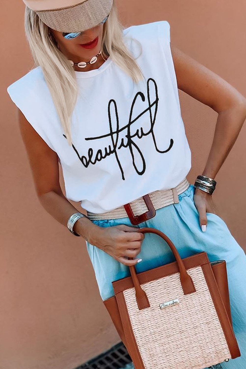 Padded Shoulder Letter Print Tank Top