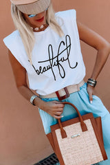 Padded Shoulder Letter Print Tank Top