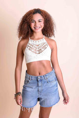 Crochet Lace High Neck Bralette – Halter Style with Cross-Back
