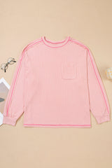 Plus Size Solid Ribbed Reverse Seam Chest Pocket Top