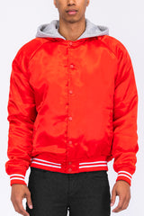 Satin Hooded Varsity Jacket Snap Button Closure BJ220