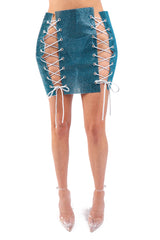 Full Rhinestones 4 Sides Lace Up Party Rave Club Mini Skirt TEAL