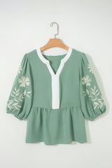 Floral Embroidered Colorblock Puff Sleeve Babydoll Blouse