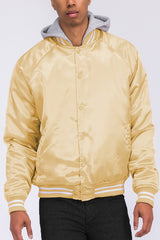 Satin Hooded Varsity Jacket Snap Button Closure BJ220