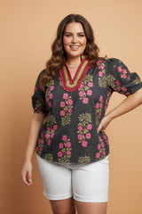 Plus Size Floral Ricrac Trim Short Sleeve Blouse