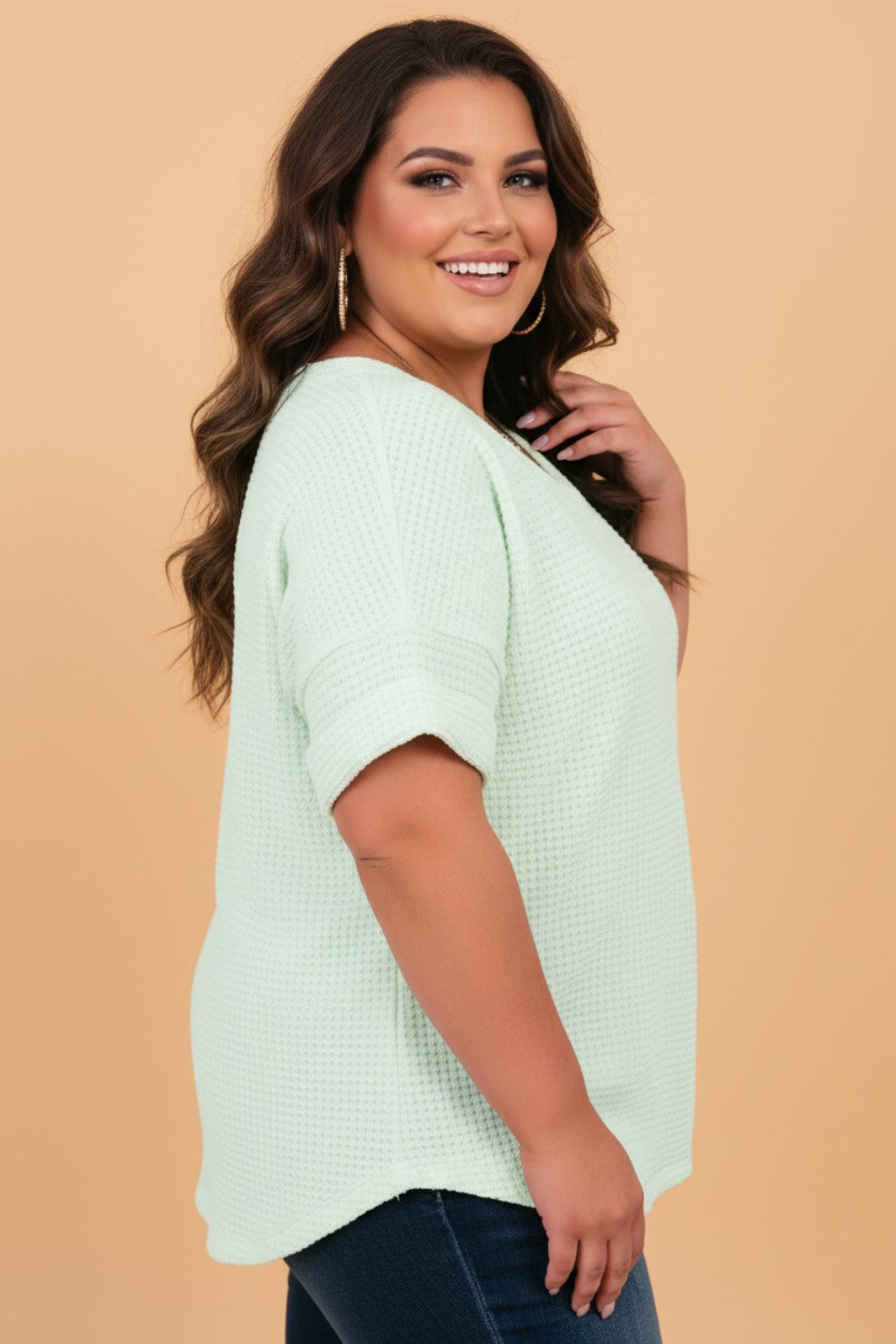 Plus Size Solid Waffle Knit V-Neck Short Sleeve Top
