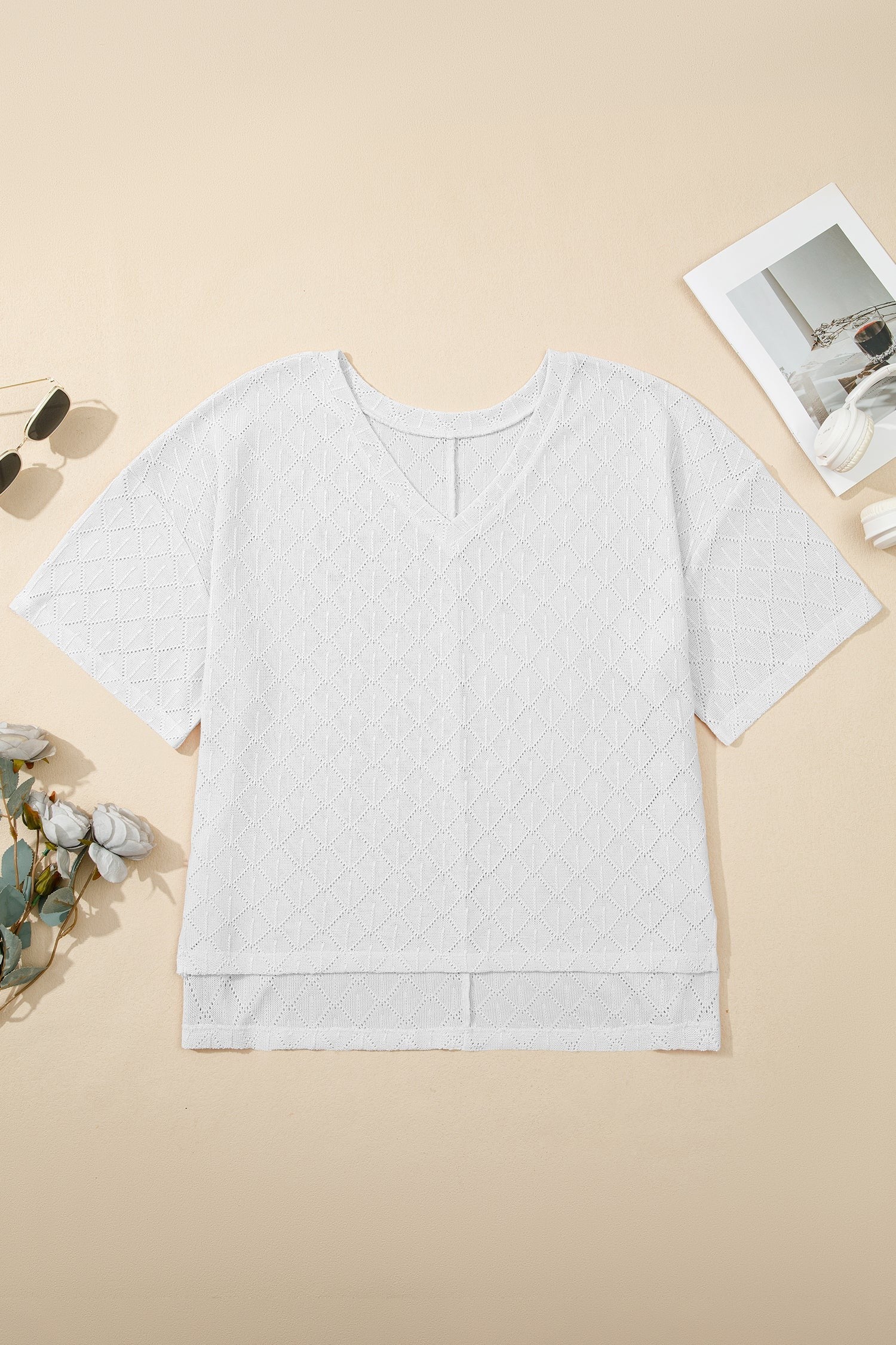 Plus Size Rhombus Pointelle Knit V-Neck Top
