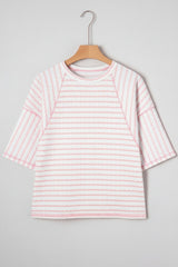 Plus Size Stripe Textured Patchwork 3/4 Sleeve Top