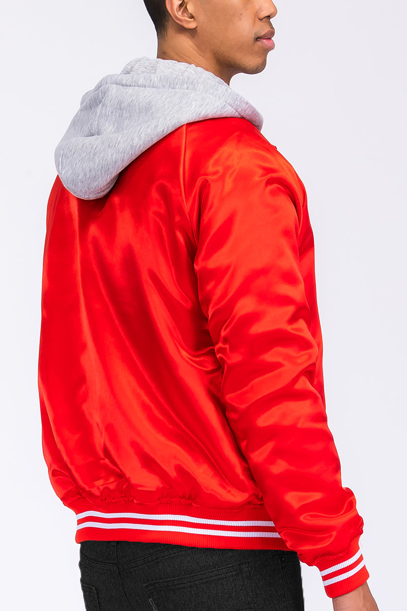 Satin Hooded Varsity Jacket Snap Button Closure BJ220