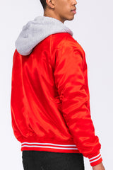 Satin Hooded Varsity Jacket Snap Button Closure BJ220