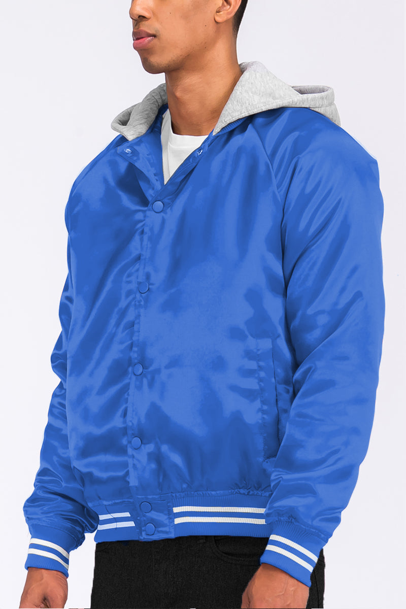 Satin Hooded Varsity Jacket Snap Button Closure BJ220