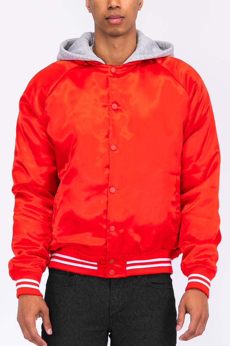 Satin Hooded Varsity Jacket Snap Button Closure BJ220