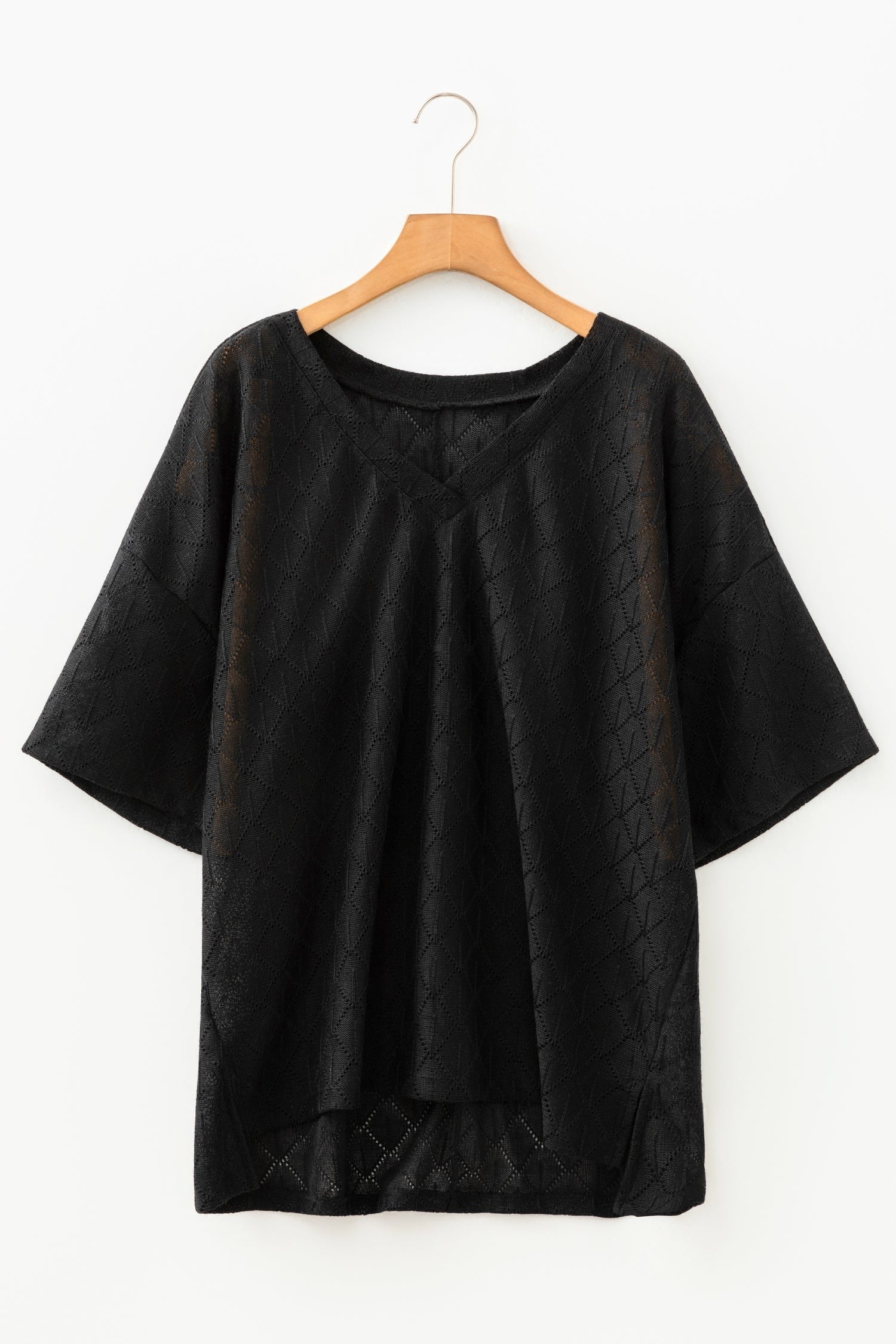 Plus Size Rhombus Pointelle Knit V-Neck Top
