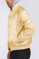Satin Hooded Varsity Jacket Snap Button Closure BJ220