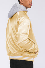 Satin Hooded Varsity Jacket Snap Button Closure BJ220