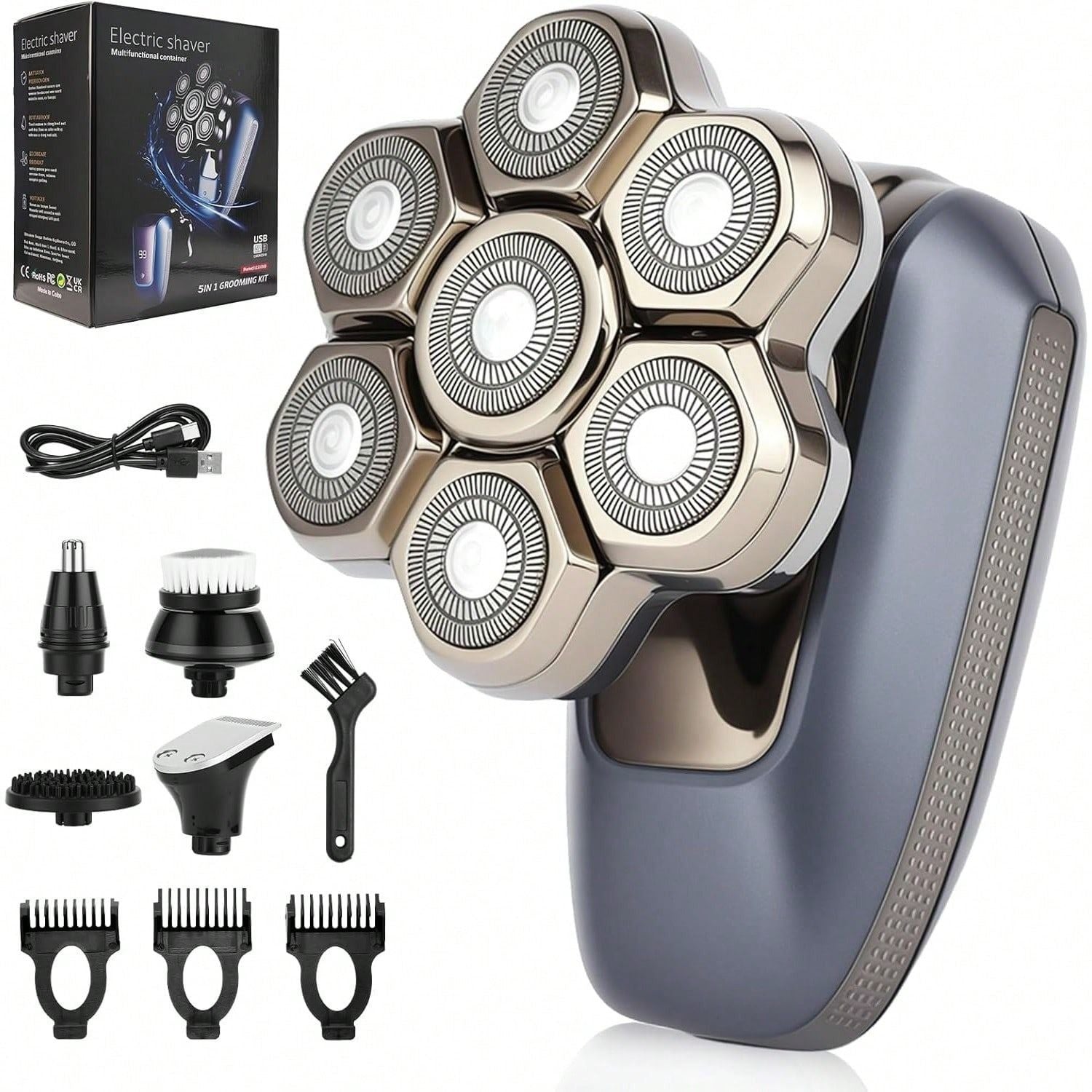 Head Shaver for Bald Men, 7D Electric Rotary Razor 5-in-1 Grooming Kit