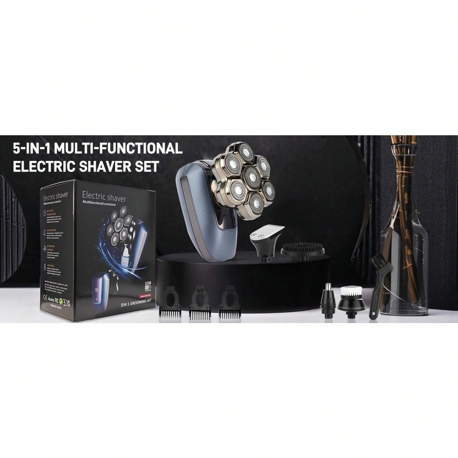 Head Shaver for Bald Men, 7D Electric Rotary Razor 5-in-1 Grooming Kit