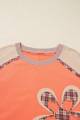 Plus Size Plaid Flower Patchwork 3/4 Sleeve Top