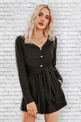 Button Down V Neck Solid Romper