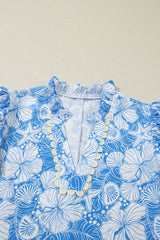 Oceanic Floral Scalloped Trim V-Neck Short Sleeve Blouse