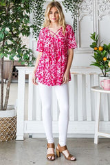 Heimish Full Size Short Sleeve Crisscross Animal Babydoll Top Plus