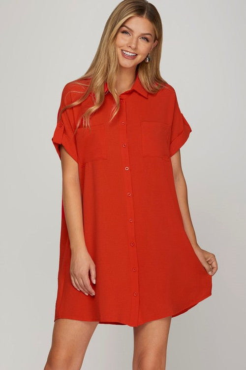 She + Sky Full Size Button Down Short Sleeve Woven Shirt Dress Plus