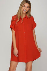 She + Sky Full Size Button Down Short Sleeve Woven Shirt Dress Plus