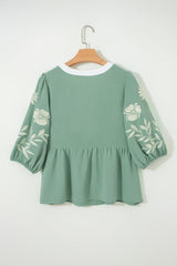 Floral Embroidered Colorblock Puff Sleeve Babydoll Blouse