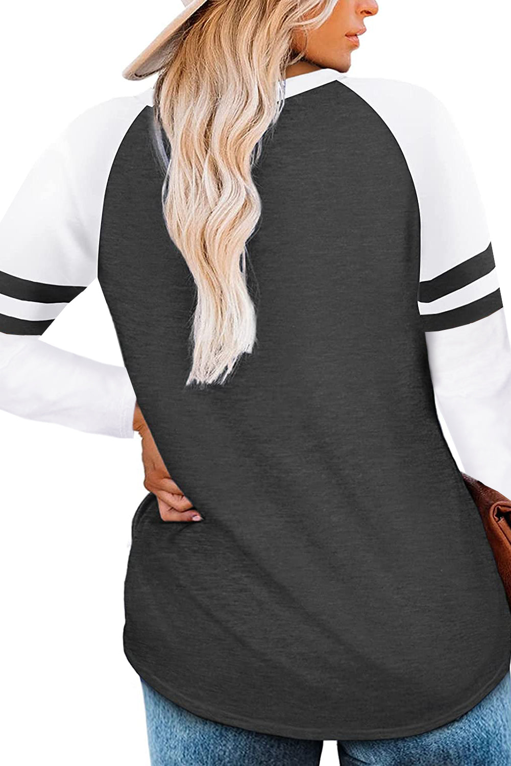 Gray Crewneck Striped Splicing Sleeve Patchwork Plus Size Top