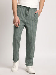 Men Green Vertical Striped Tapered Fit Casual Trouser
