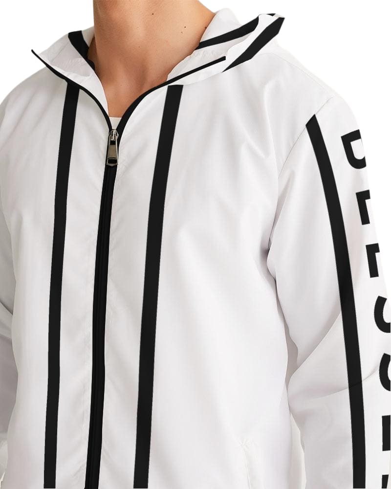 Mens Hooded Windbreaker - Blessed Sleeve Stripe White Water Resistant