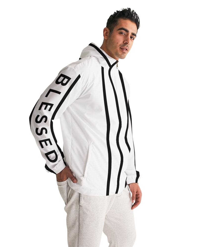 Mens Hooded Windbreaker - Blessed Sleeve Stripe White Water Resistant