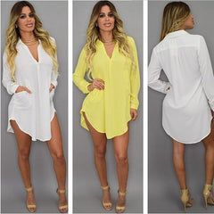 Summer Sexy V Neck Short Beach Dress Chiffon White Mini Loose Casual T