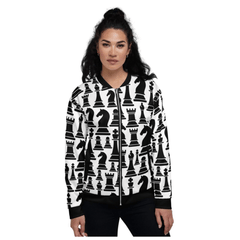 Womens Jacket - Black and White Chess Style Bomber Jacket