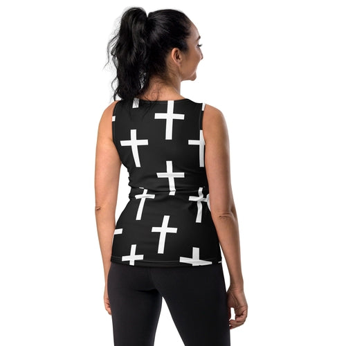 Womens Stretch Fit Tank Top - Black White Cross Print